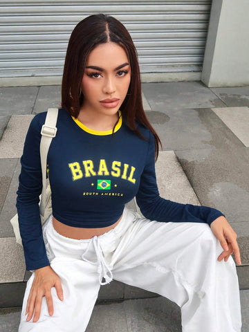 Letter Graphic Contrast Binding Crop Tee