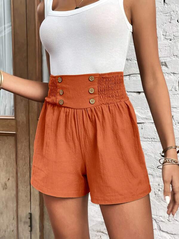 High Waist Button Detail Wide Leg Shorts