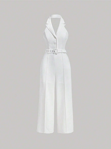 Lapel Collar Belted Wide Leg Jumpsuit