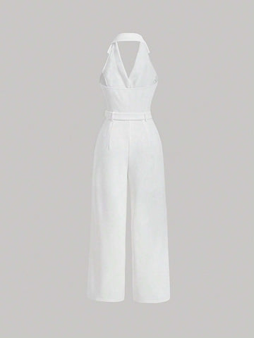 Lapel Collar Belted Wide Leg Jumpsuit