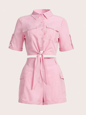 Flap Pocket Knot Hem Crop Blouse & Shorts