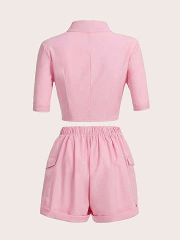 Flap Pocket Knot Hem Crop Blouse & Shorts