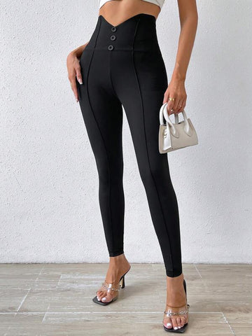 Button Front Wideband Waist Seam Detail Leggings