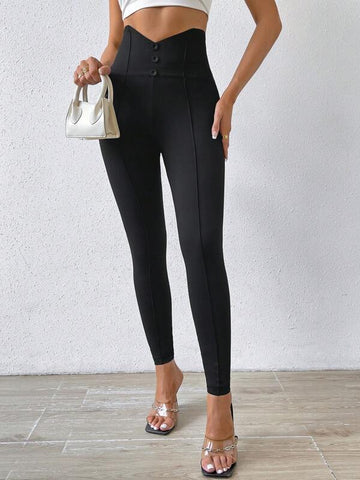 Button Front Wideband Waist Seam Detail Leggings