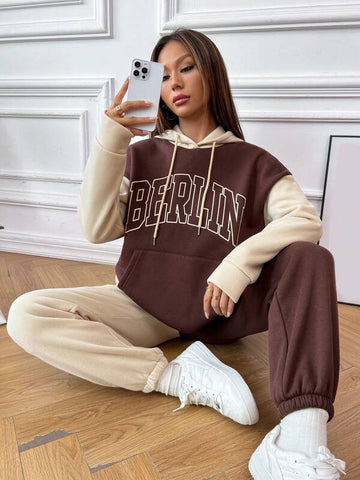 Letter Graphic Colorblock Kangaroo Pocket Drop Shoulder Drawstring Hoodie & Sweatpants