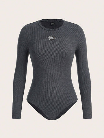 Letter Patched Ribbed Knit Bodysuit