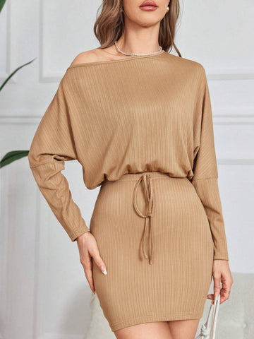 Asymmetrical Neck Batwing Sleeve Tee & Knot Front Skirt