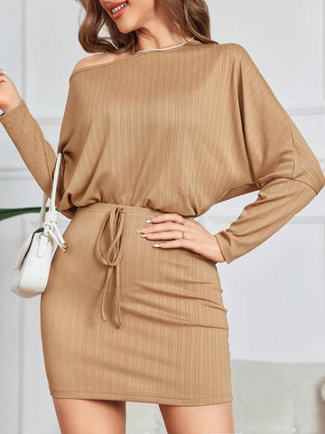 Asymmetrical Neck Batwing Sleeve Tee & Knot Front Skirt