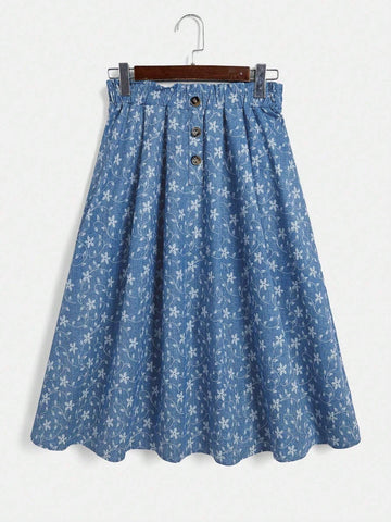 Ditsy Floral Print Paperbag Waist Button Detail Skirt