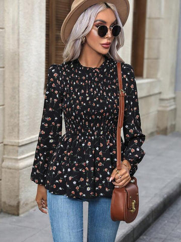 Floral Print Lantern Sleeve Peplum Blouse