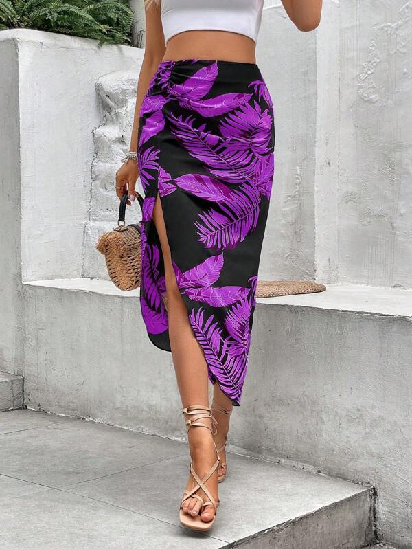 VCAY Tropical Print Split Thigh Skirt