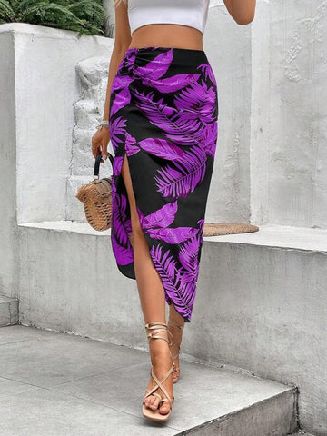 VCAY Tropical Print Split Thigh Skirt