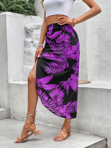 VCAY Tropical Print Split Thigh Skirt