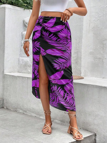 VCAY Tropical Print Split Thigh Skirt