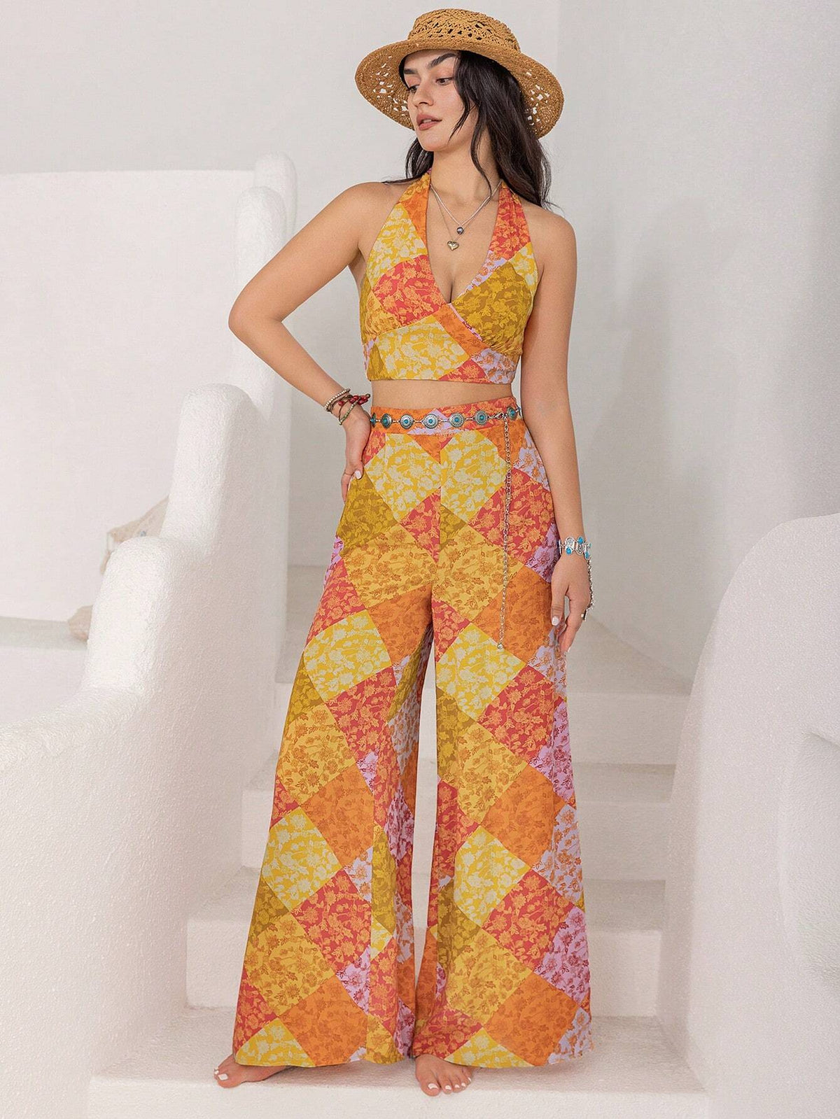 Rusttydustty Patchwork Print Tie Backless Halter Top & Wide Leg Pants