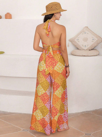 Rusttydustty Patchwork Print Tie Backless Halter Top & Wide Leg Pants