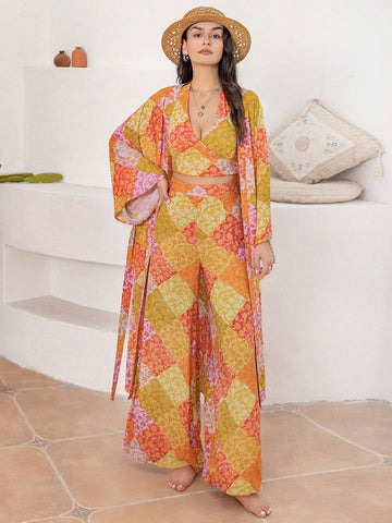 Rusttydustty Patchwork Print Tie Backless Halter Top & Wide Leg Pants