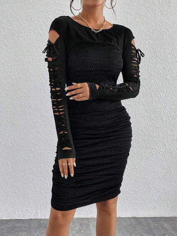 Solid Lace Up Tee & Ruched Bodycon Dress
