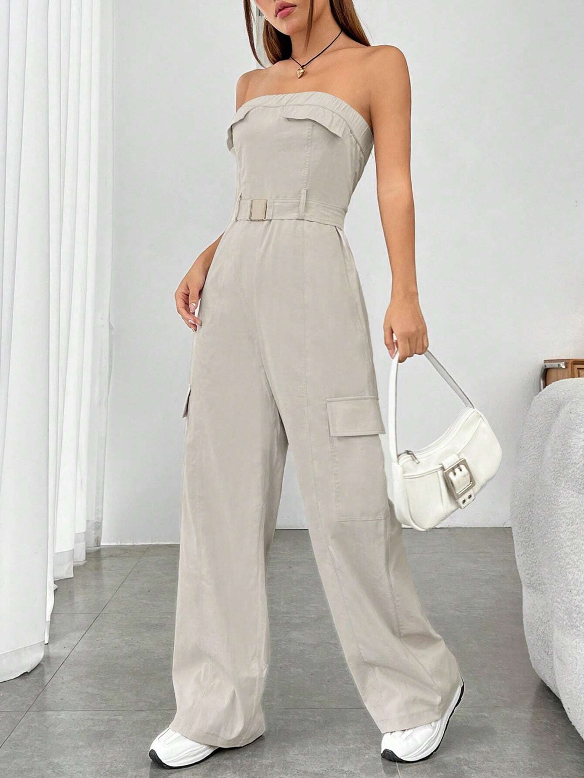 Flap Pocket Side Belted Tube Jumpsuit