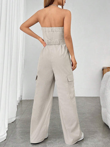 Flap Pocket Side Belted Tube Jumpsuit