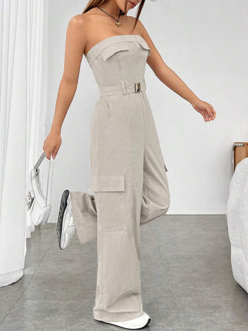 Flap Pocket Side Belted Tube Jumpsuit