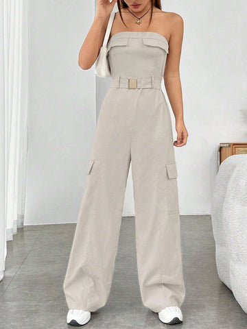 Flap Pocket Side Belted Tube Jumpsuit