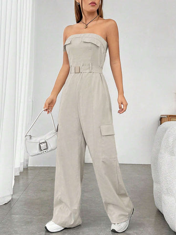 Flap Pocket Side Belted Tube Jumpsuit