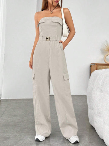 Flap Pocket Side Belted Tube Jumpsuit