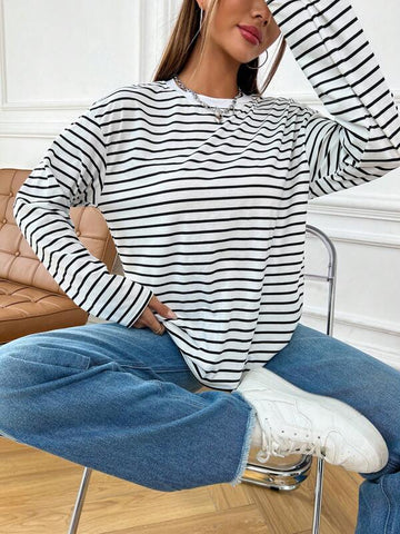 Striped Print Drop Shoulder Tee