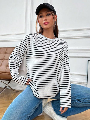 Striped Print Drop Shoulder Tee