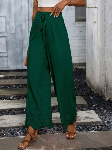 LUNE Laser Cut Tie Waist Wide Leg Pants