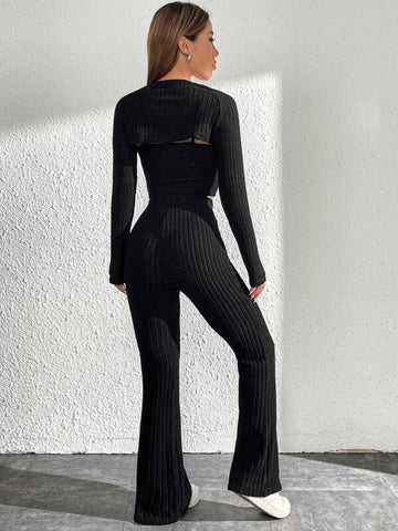 Solid Crop Cami Top & Flare Leg Pants & Bolero