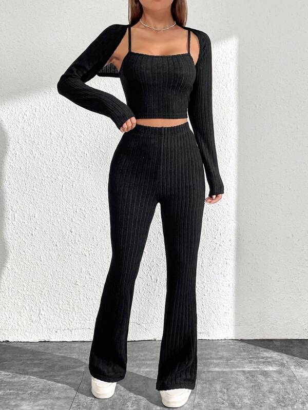 Solid Crop Cami Top & Flare Leg Pants & Bolero