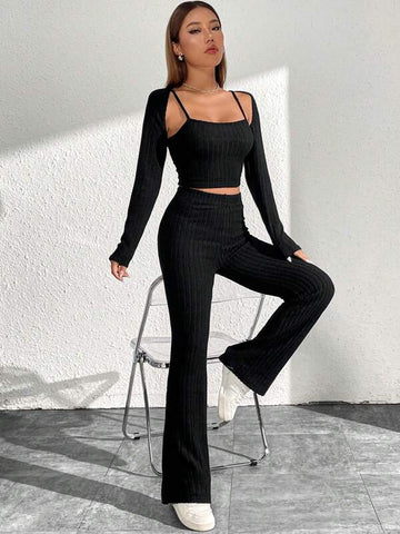 Solid Crop Cami Top & Flare Leg Pants & Bolero