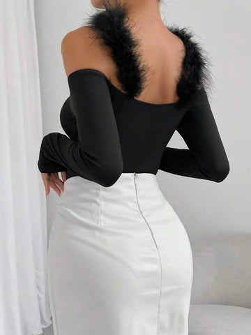 Solid Fuzzy Trim Bodysuit