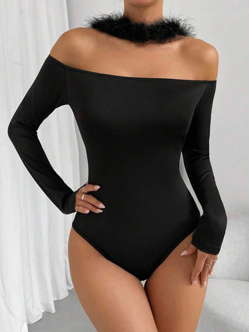 Solid Fuzzy Trim Bodysuit