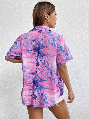 Marble Print Lapel Neck Shirt