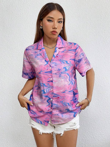 Marble Print Lapel Neck Shirt