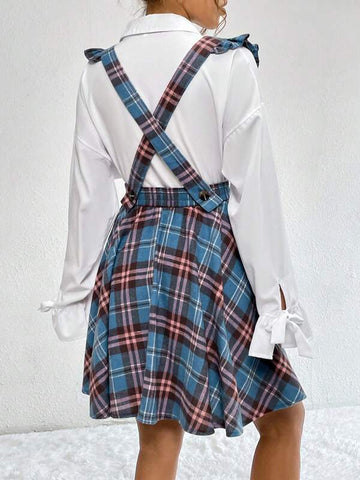 Frenchy Plaid Print Ruffle Trim Pinafore Skirt