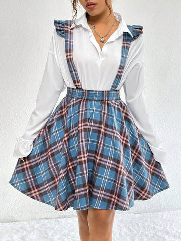 Frenchy Plaid Print Ruffle Trim Pinafore Skirt