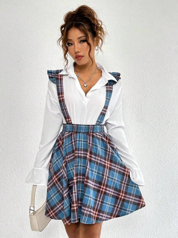 Frenchy Plaid Print Ruffle Trim Pinafore Skirt