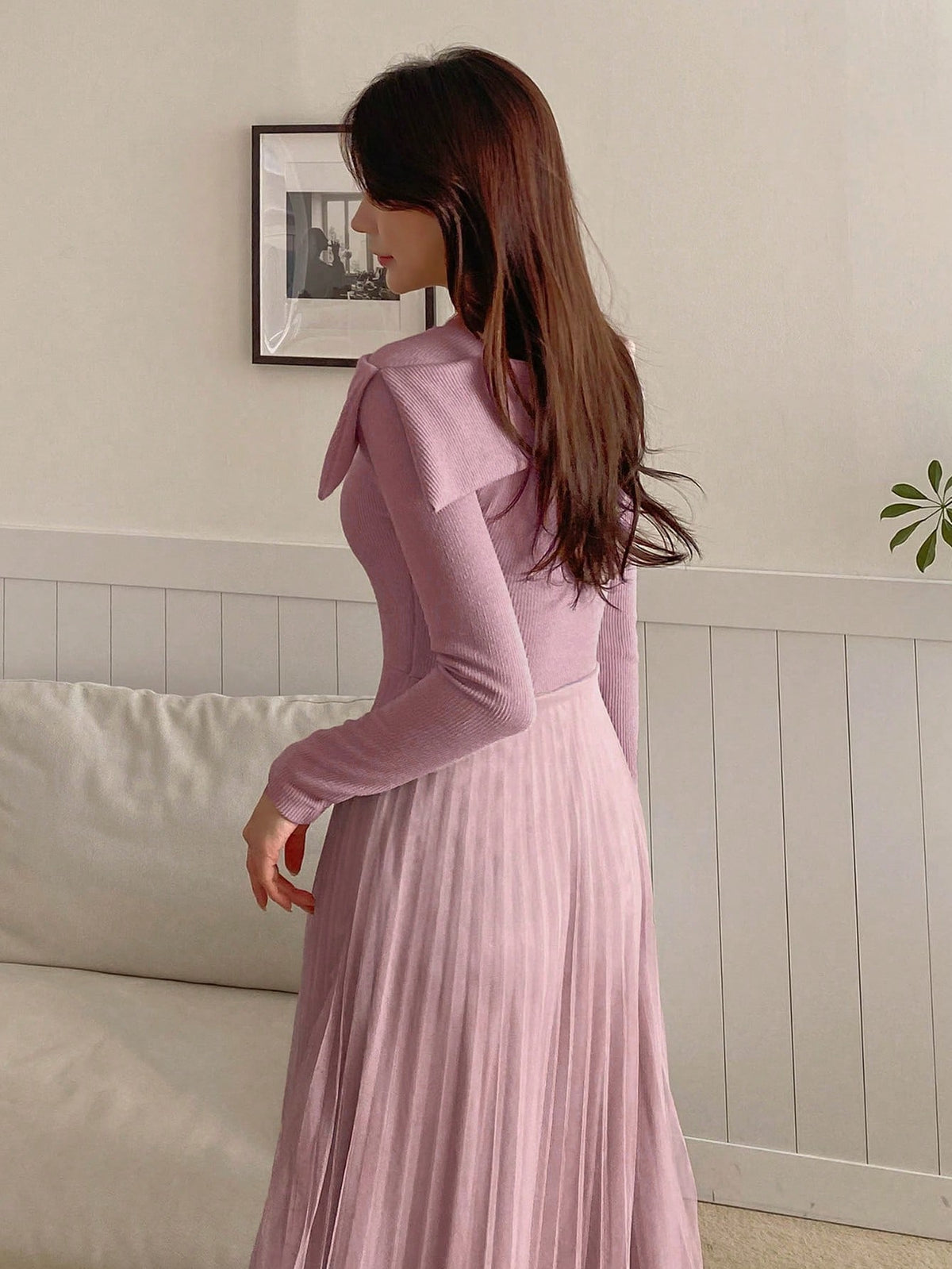 DAZY Foldover Neck Mesh Pleated Panel A-line Dress