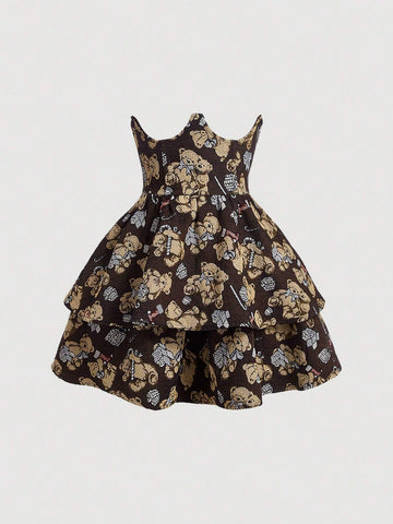 MOD Cartoon Bear Print Layer Hem Skirt