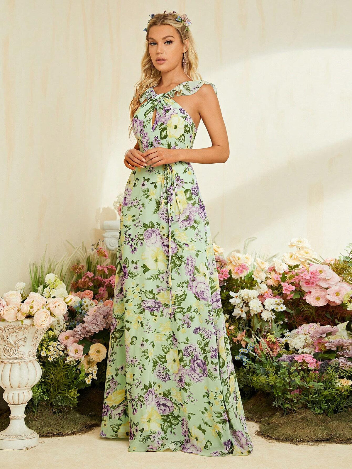Floral Print Ruffle Trim Belted Maxi Chiffon Bridesmaid Dress
