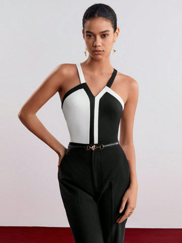 Women's Open Shoulder Belted Bodysuit With Colorblock Design