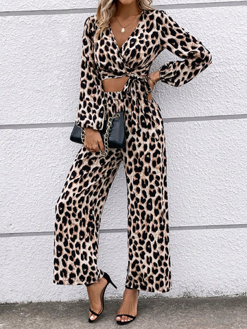 Women's Leopard Print Wrap Top And Wide Leg Pants Set