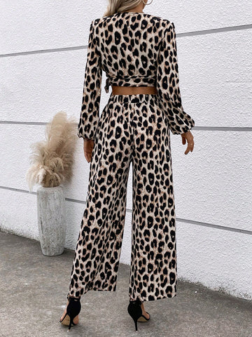 Women's Leopard Print Wrap Top And Wide Leg Pants Set