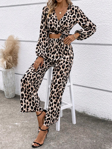 Women's Leopard Print Wrap Top And Wide Leg Pants Set