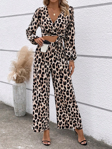 Women's Leopard Print Wrap Top And Wide Leg Pants Set