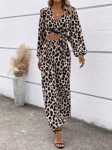 Women's Leopard Print Wrap Top And Wide Leg Pants Set
